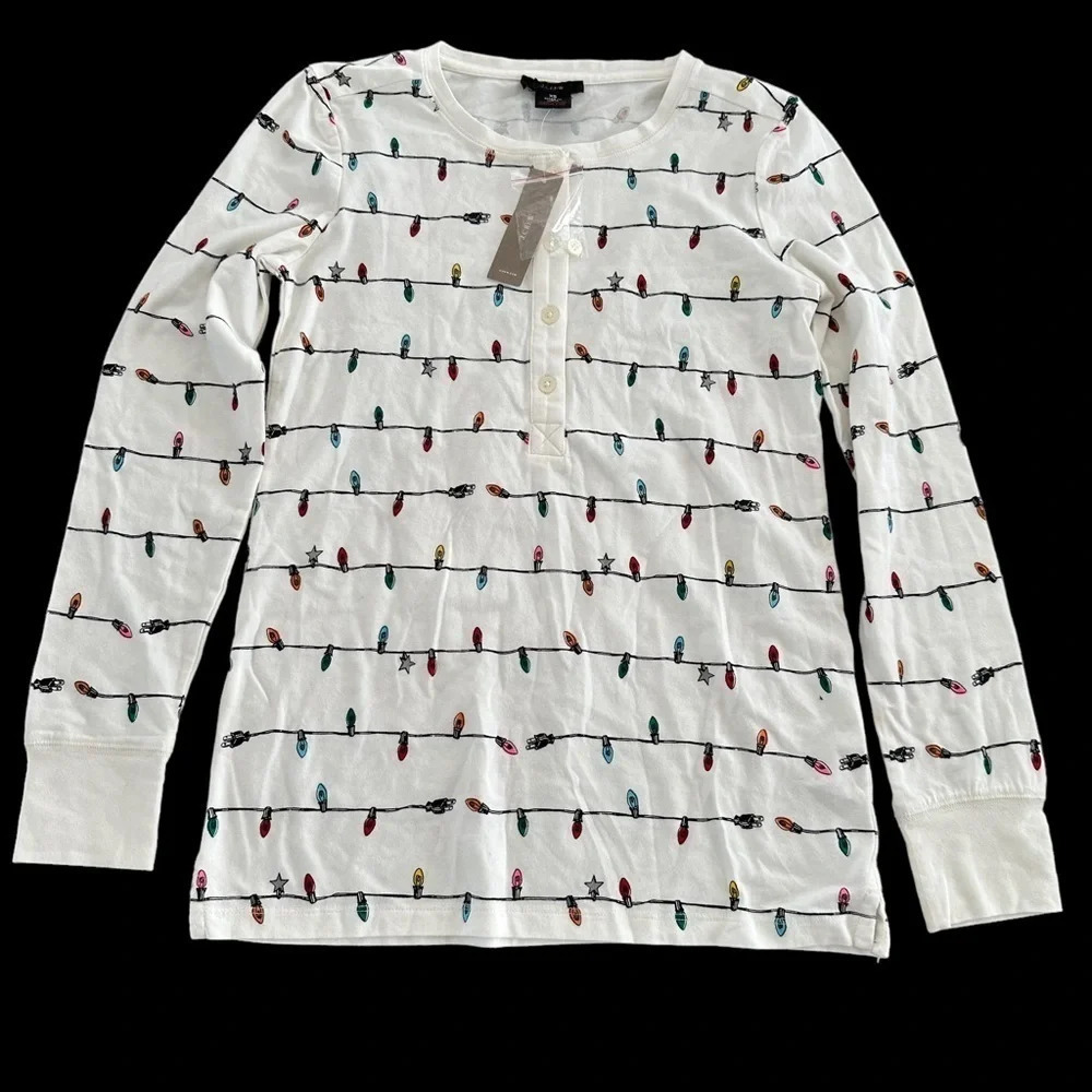 NWT J Crew Womens XS Christmas Lights Henley Pajama Top Sleepwear Holiday New PJ